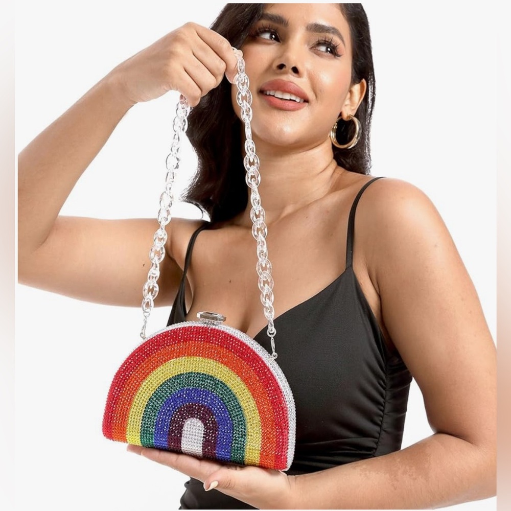 Women’s Rainbow Colorful Crystal Rhinestone Gem Clutch Purse Novelty Mini Bag - Picture 9 of 9